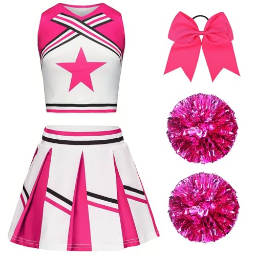 XFOZDM Cheerleader Kostüm Kinder Kleid Mädchen Cheer Uniform Mit Pompoms Und Kopfschmuck Outfit für Faschingskostüme Halloween Karneval Rosa 170 von XFOZDM
