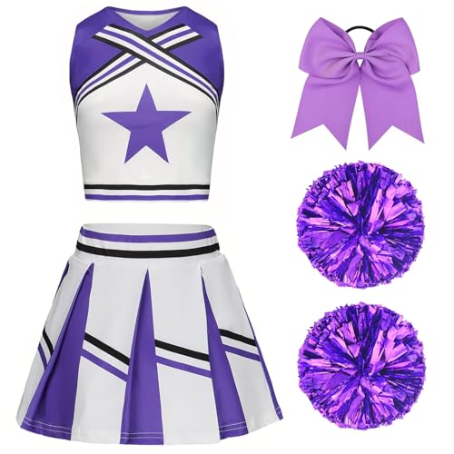 XFOZDM Cheerleader Kostüm Kinder Cheerleader Kostüm Kleid Mädchen Cheer Uniform mit Pompoms und Kopfschmuck Cheerleader Outfit Kinder für Faschingskostüme Halloween Karneval Volett 170 von XFOZDM
