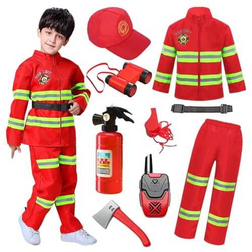 XFOZDM Feuerwehr KostüM Kinder Feuerwehrmann KostüM Feuerwehr Set FeuerlöScher Spielzeug-Feuerwehrmann ZubehöR Karneval Halloween Rollenspiel Maskerade Partys BrandbekäMpfung,Red 130 von XFOZDM