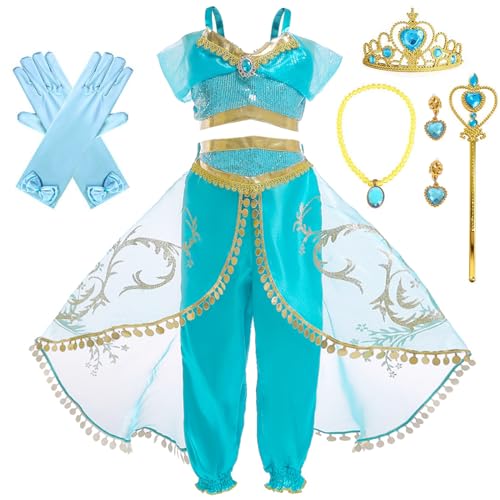 XFOZDM Jasmin Kostüm Kinder Prinzessin Jasmin Kostüm Mädchen Verkleidung aladdin jasmin Kleid für faschingskostüme Halloween Weihnachten Geburtstag Party Cosplay mit Zubehör 130 von XFOZDM