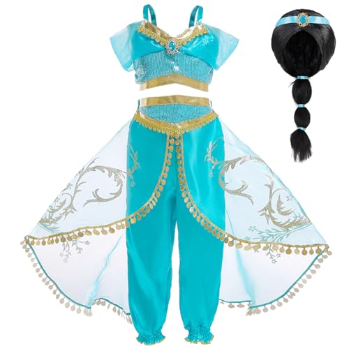XFOZDM Jasmin Kostüm Kinder Prinzessin Jasmin Kostüm Mädchen Verkleidung aladdin jasmin Kleid mit Zubehör für faschingskostüme Halloween Weihnachten Geburtstag Party Cosplay Perücken 01 120 von XFOZDM