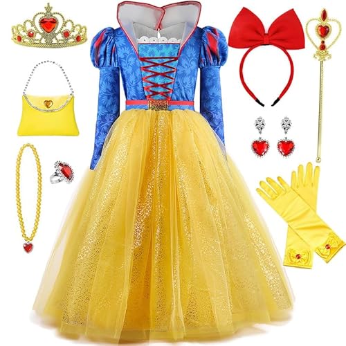XFOZDM Kostüm Prinzessin Schneewittchen Mädchen Kostüm Schneewittchen mit Krone Handschuhe für Kostüm Cosplay Halloween Weihnachten Abendkleid Party Karneval Geburtstag, 150 cm von XFOZDM