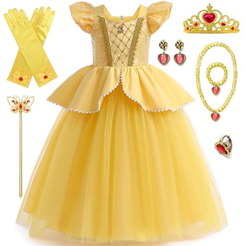 XFOZDM Mädchen-Kleid, Prinzessin, schönes Kostüm, schönes und das Biest und Zubehör, Kleid schön und das Biest, für Geburtstag, Party, Karneval, Cosplay, Kostüm, 100 cm von XFOZDM