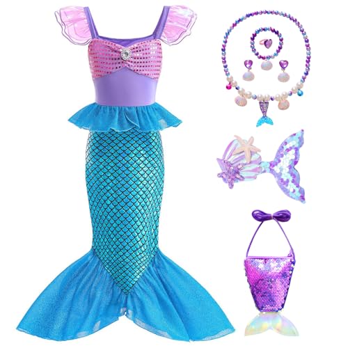 XFOZDM Meerjungfrau Kostüm Mädchen Kinder Arielle Kostüm Kinder Kleid Verkleidung mit Zubehör Meerjungfrau Kleid für Faschingskostüme Halloween Weihnachten Geburtstag Party Cosplay Violett 02 110 von XFOZDM
