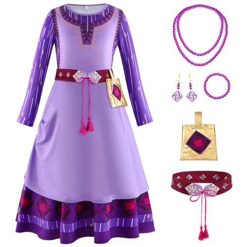 XFOZDM Wish Asha Kostüm Kinder Prinzessin Wish Asha Lila Kleid Mädchen Asha Verkleidung mit Zubehör für Faschingskostüme Halloween Weihnachten Geburtstag Party Cosplay 100 von XFOZDM