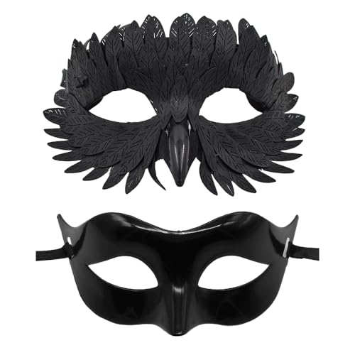 XFSRG 2 Stück Vogelmaske Set Feder Rabe Halbgesichtsmaske Kostüm Zubehör Deko für Maskenball Fasching Halloween Party von XFSRG