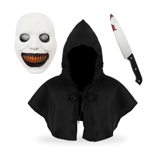 XFSRG 3 Stück Halloween Horror Maske Umhang und Fake Messer im Set Lächelnder Dämon Ghost Masken für Karneval Fasching Party Cosplay von XFSRG