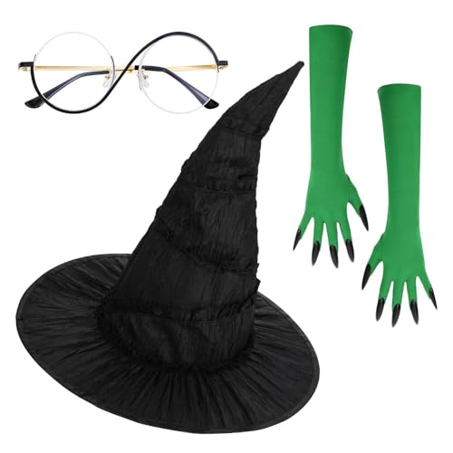 XFSRG 3 Stück Hexenkostüm Damen Hexenhut Handschuhe und Brille Halloween Kostüm Accessoires für Karneval Fasching Party Cosplay von XFSRG