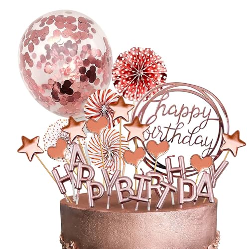 XFSRG Dekoration für Geburtstagskuchen, Fächer aus Papier Farbe Roségold, Happy Banner, Ballon mit Konfetti, Kunstfeuer Sterne für Kuchen Dekorationen Mädchen Party XFSRG Dekoration für Geburtstagskuchen, Fächer aus Papier Farbe Roségold, Happy Banner, Ballon mit Konfetti, Kunstfeuer Sterne für Kuchen Dekorationen Mädchen Party von XFSRG