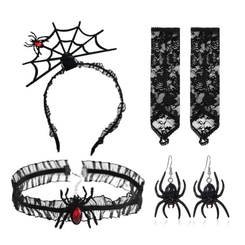 XFSRG Halloween Damen Haarreif 4 PCS Tag der Toten Kostüm Damen mit Spinnen Haarreif Halsketten Ohrringe gothic Netzhandschuhe für Tag der Toten Halloween Karneval (A) von XFSRG