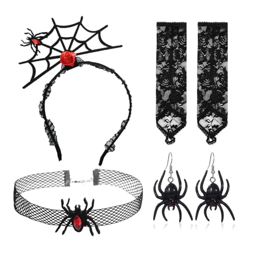 XFSRG Halloween Damen Haarreif 4 PCS Tag der Toten Kostüm Damen mit Spinnen Haarreif Halsketten Ohrringe gothic Netzhandschuhe für Tag der Toten Halloween Karneval (B) von XFSRG