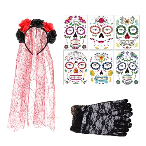 XFSRG Halloween Schleier Haarreif mit Rosen Tag der Toten Haarband mit 6 PCS Gesichtstattoos Cosplay Accessoires Damen für Karneval Halloween Party (Rot) von XFSRG