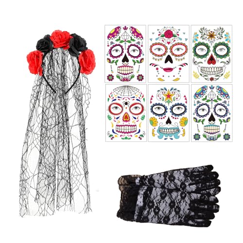 XFSRG Halloween Schleier Haarreif mit Rosen Tag der Toten Haarband mit 6 PCS Gesichtstattoos Cosplay Accessoires Damen für Karneval Halloween Party (Schwarz) von XFSRG