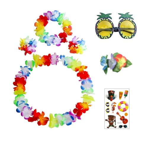 XFSRG Hawaii Kette 7 Stück Blumenkette Set mit Lei Stirnband Armband Haarclips Ananas Sonnenbrille Tattoos Deko für Hawaii Party Strandparty (Multicolour) von XFSRG