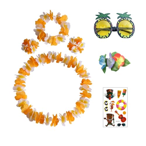 XFSRG Hawaii Kette 7 Stück Blumenkette Set mit Lei Stirnband Armband Haarclips Ananas Sonnenbrille Tattoos Deko für Hawaii Party Strandparty (Orange) von XFSRG