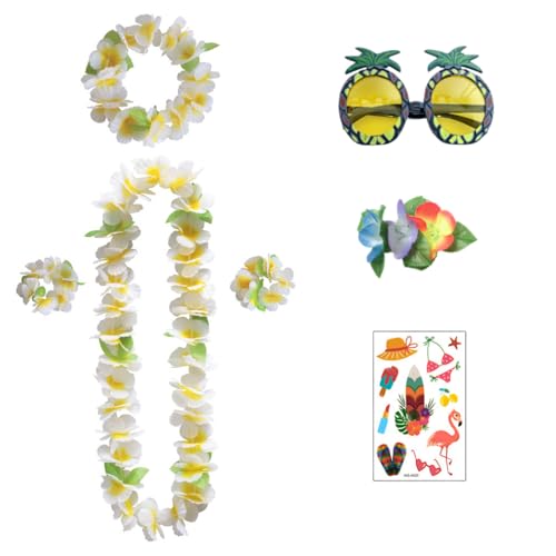 XFSRG Hawaii Kette 7 Stück Blumenkette Set mit Lei Stirnband Armband Haarclips Ananas Sonnenbrille Tattoos Deko für Hawaii Party Strandparty (Weiß) von XFSRG