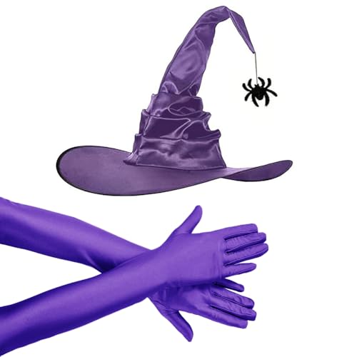 XFSRG Hexenhut Damen Spitzhut mit Handschuhen Halloween Kostüm Damen Hexen Kostüm Accessoire Karneval Fasching Verkleidung Hexen Outfit Zauberer Hut(Violett) von XFSRG