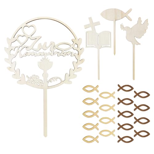 XFSRG Holz Cake Topper Set zur Kommunion 1 Runder Tortentopper 3 Deko Picks Taube Bibel Fisch 18 Kleine Fische Torten Deko Kommunion (A) von XFSRG