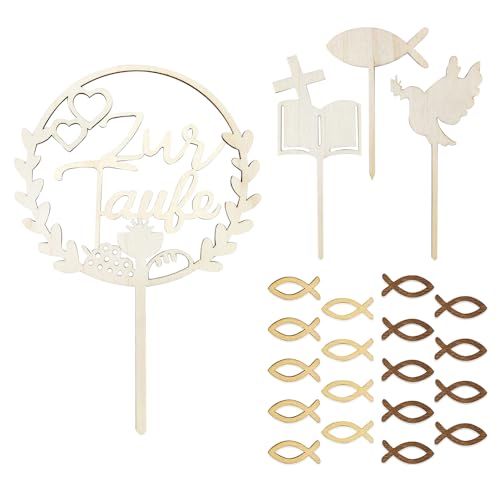 XFSRG Holz Cake Topper Set zur Kommunion 1 Runder Tortentopper 3 Deko Picks Taube Bibel Fisch 18 Kleine Fische Torten Deko Kommunion (B) von XFSRG
