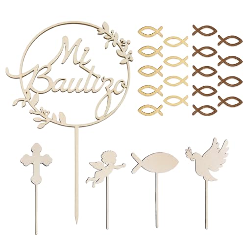 XFSRG Mi Bautizo Cake Topper aus Holz Taufdeko Set mit 1 Caketopper 4 Picks Engel Fisch Taube Kreuz 18 Fischchen Kommunion Deko Tortendeko Geburtstag (A) von XFSRG