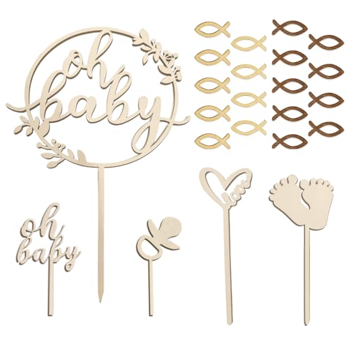 XFSRG Oh Baby Cake Topper aus Holz Baby Shower Tortendeko Set mit 1 Caketopper 4 Picks Fußabdrücke Pacifier Herz Script 18 Fischchen für Geburtstag DIY (B) von XFSRG