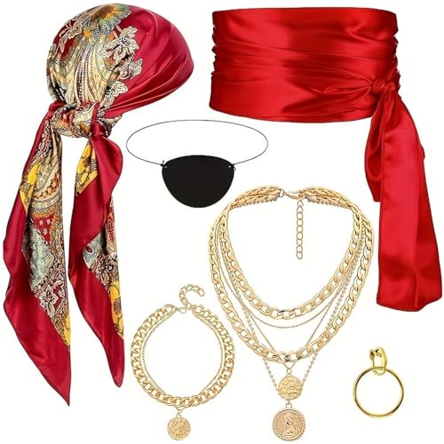 XFSRG Piratenkostüm Damen 6 Stück mit Piratenkopftuch Schärpe Halskette Armband Augenklappe Ohrring für Karneval Halloween Cosplay Zubehör XFSRG Piratenkostüm Damen 6 Stück mit Piratenkopftuch Schärpe Halskette Armband Augenklappe Ohrring für Karneval Halloween Cosplay Zubehör von XFSRG
