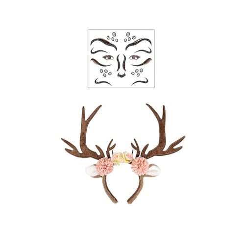 XFSRG Reh Kostüm Damen Haarreif und Reh Gesichtstattoo Set Hirsch Kostüm Zubehör Rentier Gesicht Aufkleber Mardi Gras Weihnachten Halloween Kostüme Cosplay Party(Dunkelbraun) von XFSRG