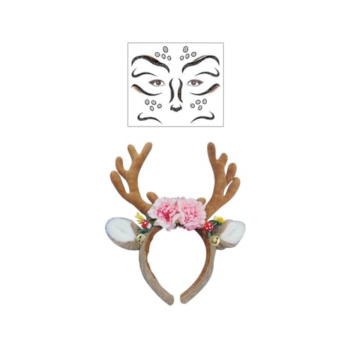 XFSRG Reh Kostüm Damen Haarreif und Reh Gesichtstattoo Set Hirsch Kostüm Zubehör Rentier Gesicht Aufkleber Mardi Gras Weihnachten Halloween Kostüme Cosplay Party(Hellbraun) von XFSRG