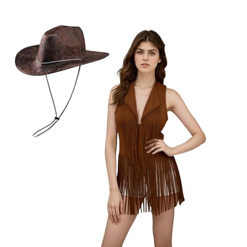 XGOPTS Cowgirl Kostüm Damen Hippie Kostüm Damen Set Fransen Weste mit Cowboyhut ärmellos Weste Hippie Kleidung 60er 70er Jahre Fransenweste für Karneval Fasching Disco Party XGOPTS Cowgirl Kostüm Damen Hippie Kostüm Damen Set Fransen Weste mit Cowboyhut ärmellos Weste Hippie Kleidung 60er 70er Jahre Fransenweste für Karneval Fasching Disco Party von XGOPTS