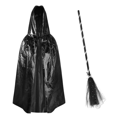 XGOPTS Kinder Halloween Kostüm Zauberer Kostüm für Kinder Witch Umhang mit Besen Halloween Hexe Zauberer Umhang für Karneval Fasching Cosplay Junge Mädchen von XGOPTS