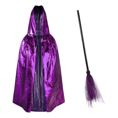 XGOPTS Kinder Halloween Kostüm Zauberer Kostüm für Kinder Witch Umhang mit Besen Halloween Hexe Zauberer Umhang für Karneval Fasching Cosplay Junge Mädchen von XGOPTS