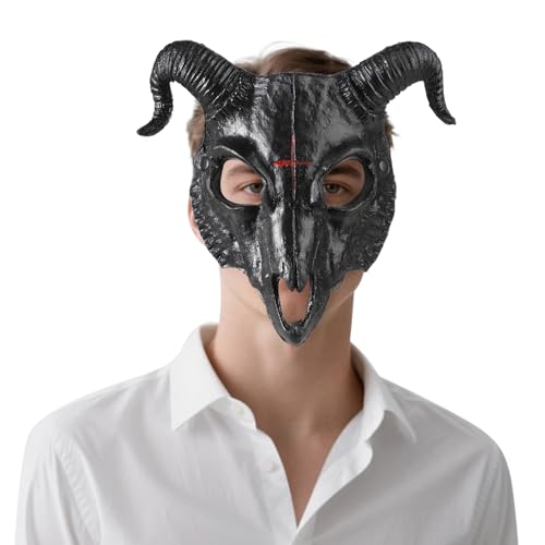 XGOPTS Masken Halloween Dämon Teufel Maske Horror Maskerad Gruseligmaske Widder Horn Maske Dämonenmaske Halloween Kostüm für Monster Cosplay Kostüm (Schwarz) von XGOPTS