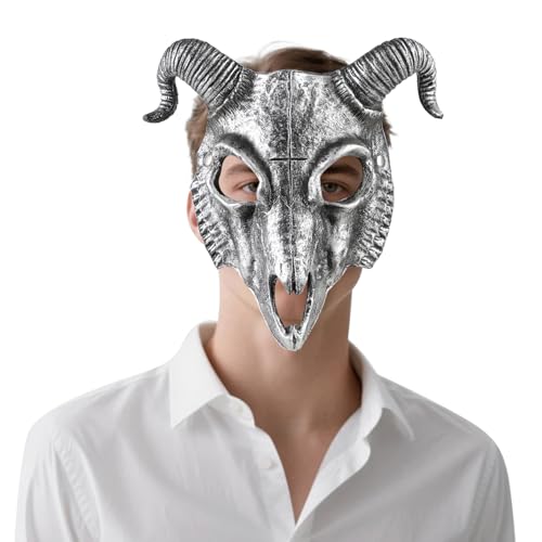 XGOPTS Masken Halloween Dämon Teufel Maske Horror Maskerad Gruseligmaske Widder Horn Maske Dämonenmaske Halloween Kostüm für Monster Cosplay Kostüm (Silber) von XGOPTS