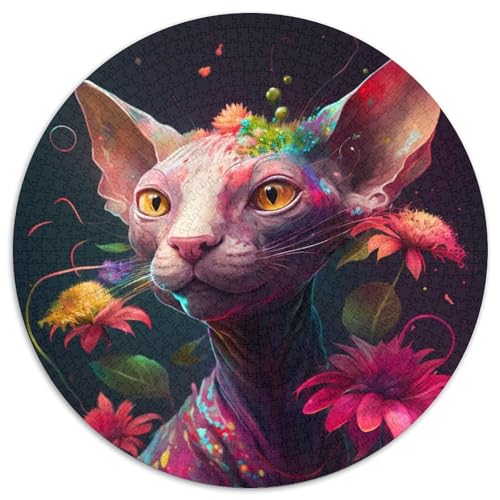1000-teiliges Puzzle, farbenfrohe Kunstkatze, rund, aus Pappe, Geschenkidee zum Geburtstag, anspruchsvolles Denkspiel (67,5 x 67,5 cm) von XHAXING