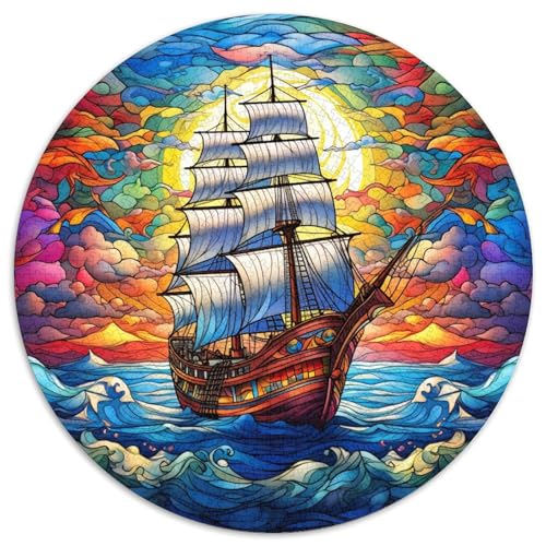 1000-teiliges Puzzle „Buntglasboot“, rund, aus Pappe, Geschenkidee zum Geburtstag, anspruchsvolles Denkspiel (67,5 x 67,5 cm) von XHAXING