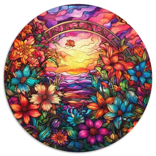 1000-teiliges Puzzle „Glasmalerei-Garten“, runde Papppuzzles, Denkspiel, interaktives Familienspiel, geeignet für Kinder ab 14 Jahren (67,5 x 67,5 cm) von XHAXING