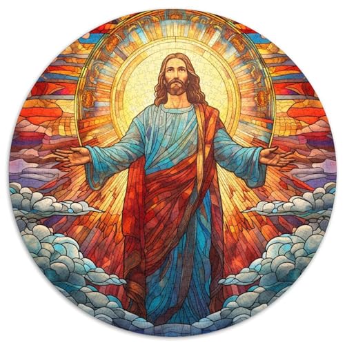 1000-teiliges Puzzle „Jesus aus Buntglas“, runde Kartonpuzzles, Denkspiel, interaktives Familienspiel, geeignet für Kinder ab 14 Jahren (67,5 x 67,5 cm) von XHAXING