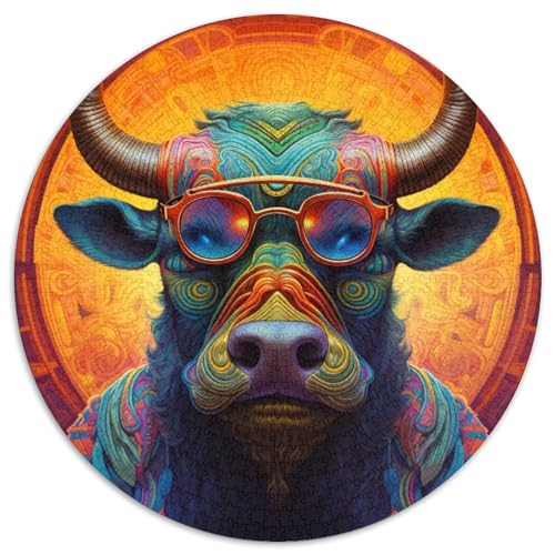 1000-teiliges Puzzle „Psychedelic Buffalo“, runde Papppuzzles, Denkspiel, interaktives Familienspiel, geeignet für Kinder ab 14 Jahren (67,5 x 67,5 cm) von XHAXING