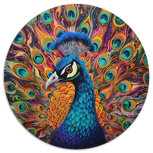 1000-teiliges Puzzle „Psychedelischer Pfau“, runde Papppuzzles, Denkspiel, interaktives Familienspiel, geeignet für Kinder ab 14 Jahren (67,5 x 67,5 cm) von XHAXING