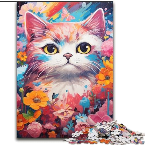 1000-teiliges Puzzle Bunte Katze mit Blume, aus Pappe, Geburtstage, Weihnachten, Halloween, Thanksgiving, Ostern, 1000 Teile(26x38cm) von XHAXING