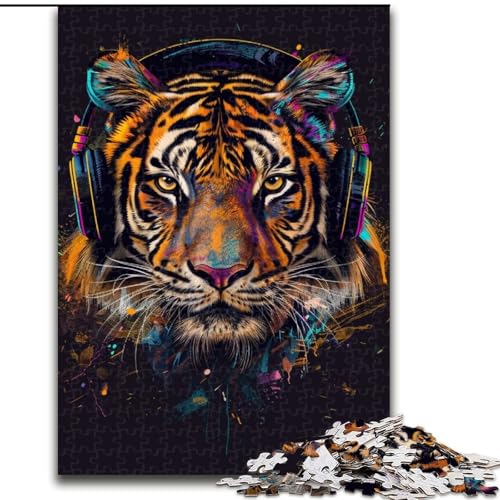 1000-teiliges Puzzle Tiger mit Kopfhörern, Puzzle aus Holz, Geburtstage, Weihnachten, Halloween, Thanksgiving, Ostern, 1000 Stück(50x75cm) von XHAXING