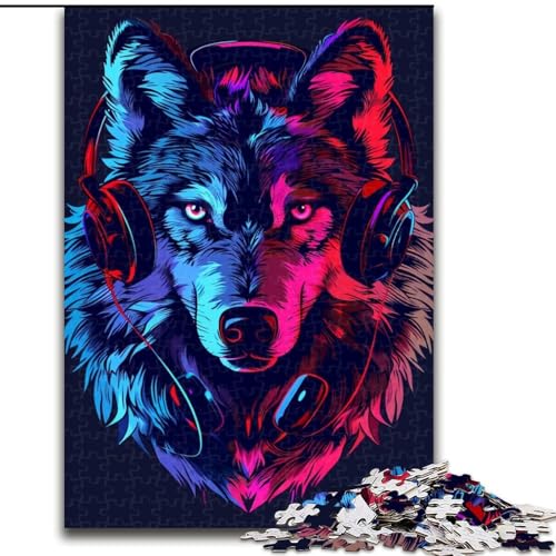 1000-teiliges Puzzle Wolf mit Kopfhörern. Aus Pappe, Geburtstage, Weihnachten, Halloween, Thanksgiving, Ostern. 1000 Teile(26x38cm) von XHAXING