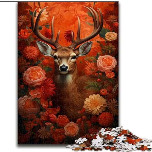 1000-teiliges Puzzle für Erwachsene, Blumenmalerei mit Hirsch-Puzzles aus Holz, Familie und Freunde, knifflige Herausforderung, 1000 Teile(50x75cm) von XHAXING