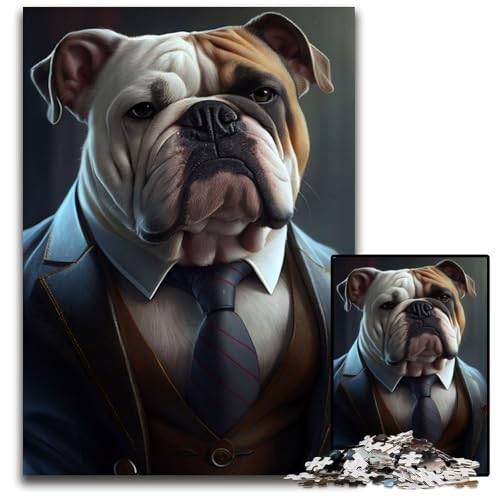 1000-teiliges Puzzle mit Bulldoggenanzug und Tiermotiv, Holzpuzzle für Erwachsene, Spiel für Erwachsene, Geschenk, interaktives Familienspiel, Gehirn-Herausforderung, Geschenk, 50x75cm von XHAXING