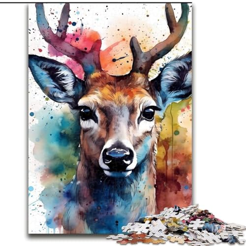 1000-teiliges Puzzle mit Hirsch-Aquarell-Puzzle aus Pappe, Geburtstage, Weihnachten, Halloween, Erntedankfest, Ostern, 1000 Teile(26x38cm) von XHAXING