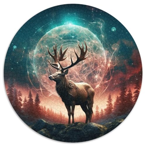 1000-teiliges Puzzle mit Sternenmond und Hirsch, rund, aus Pappe, Denkspiel, interaktives Familienspiel, geeignet für Kinder ab 14 Jahren (67,5 x 67,5 cm) von XHAXING