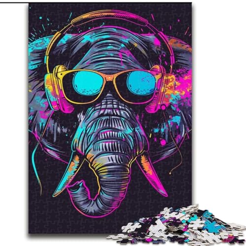 Puzzle 1000 Teile, Elefant mit Kopfhörern, Puzzle aus Holz, Eltern, Partner, Freunde – Alter ab 10 Jahren, 1000 Teile(50x75cm) von XHAXING