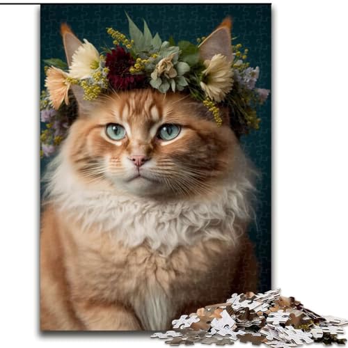 Puzzle 1000 Teile, Katze mit Blumenkrone, Puzzle aus Holz, anspruchsvolles Denkspiel für Teenager, unterhaltsames interaktives Spiel für die ganze Familie, 1000 Teile(50x75cm) von XHAXING