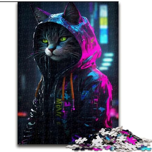 Puzzle 1000 Teile, Katzen-Neon-Kunst-Puzzle aus Holz, kompliziertes Design für Teenager, DIY-Dekor und gehirnfördernder Spaß, 1000 Teile(50x75cm) von XHAXING