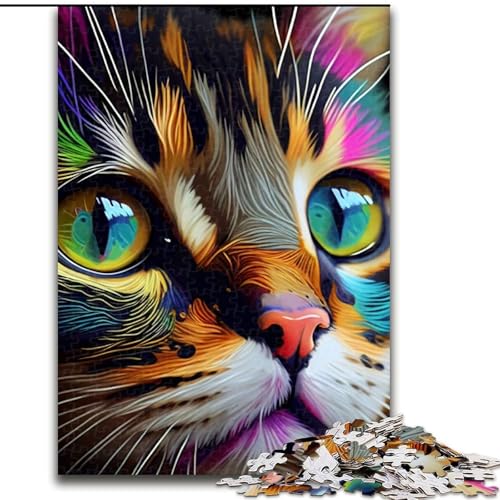 Puzzle 1000 Teile, Katzen-Pop-Art-Tiergesicht-Puzzle aus Holz, Weihnachten, Halloween, Ostern, Neujahr, 1000 Teile(50x75cm) von XHAXING